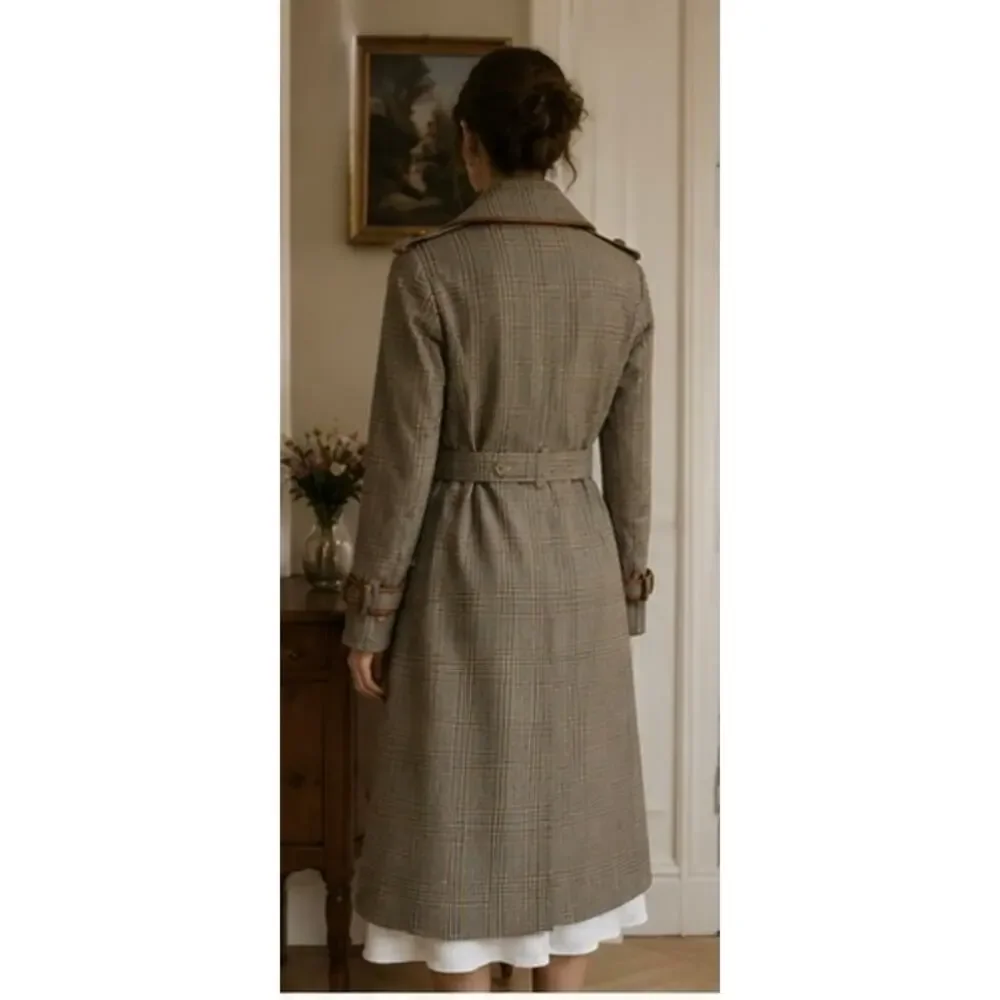 Tory Burch Glen Plaid Belted Trench Coat Leather Trim XS US2